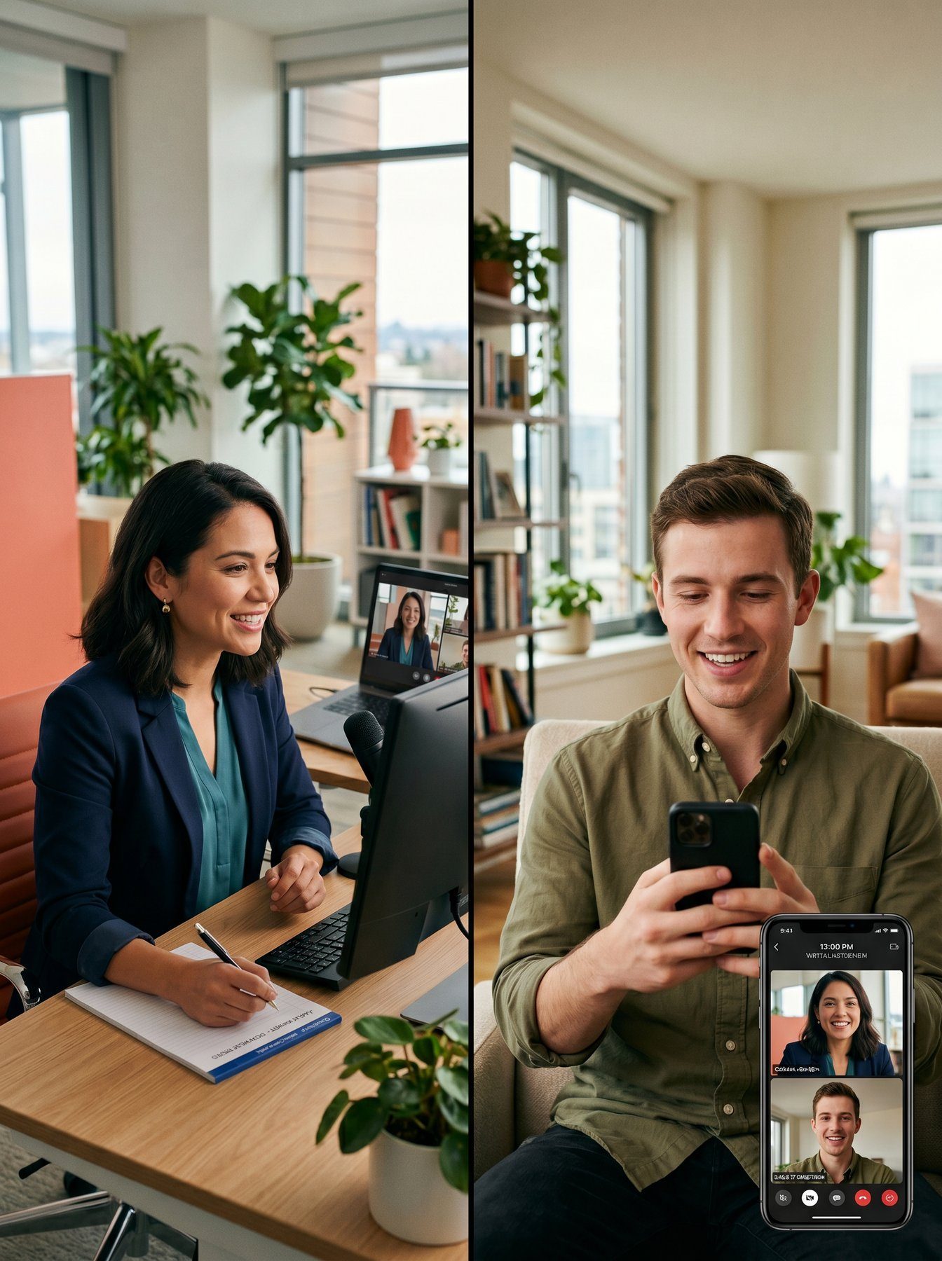 A South Florida employer on a desktop video call with a candidate on their phone — a live virtual interview in progress