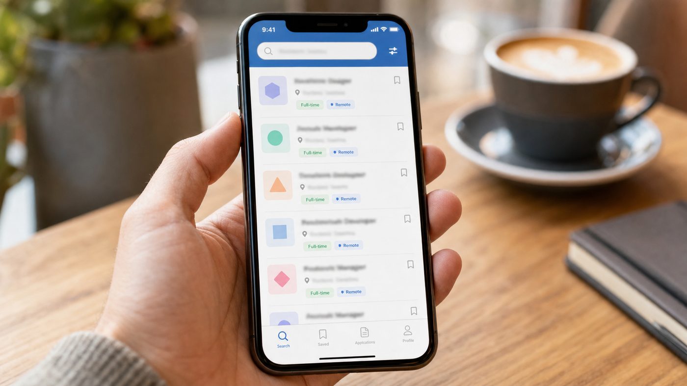 Smartphone showing the live jobs list with role titles, locations, and full-time and remote badges