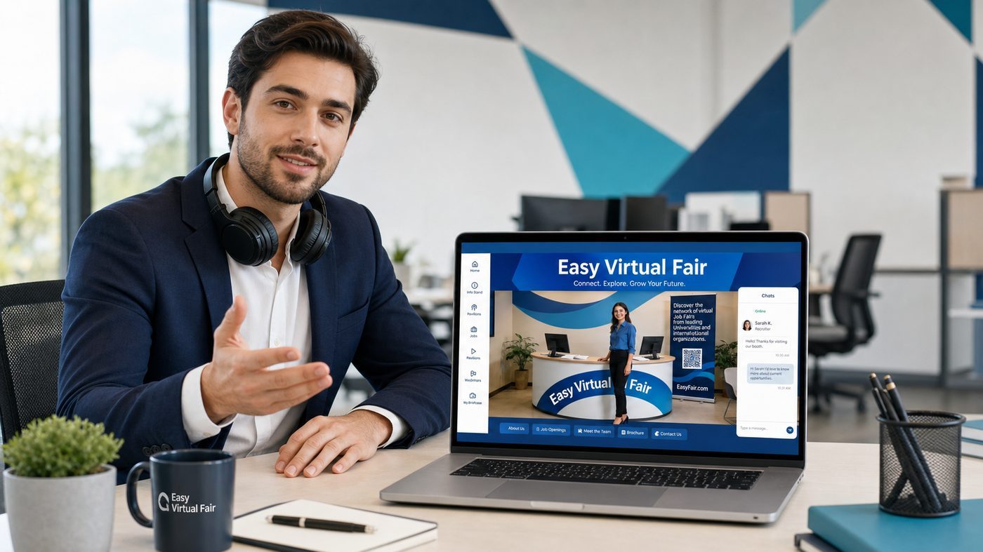 Recruiter at his desk with a live virtual booth visible on his laptop screen, welcoming candidates