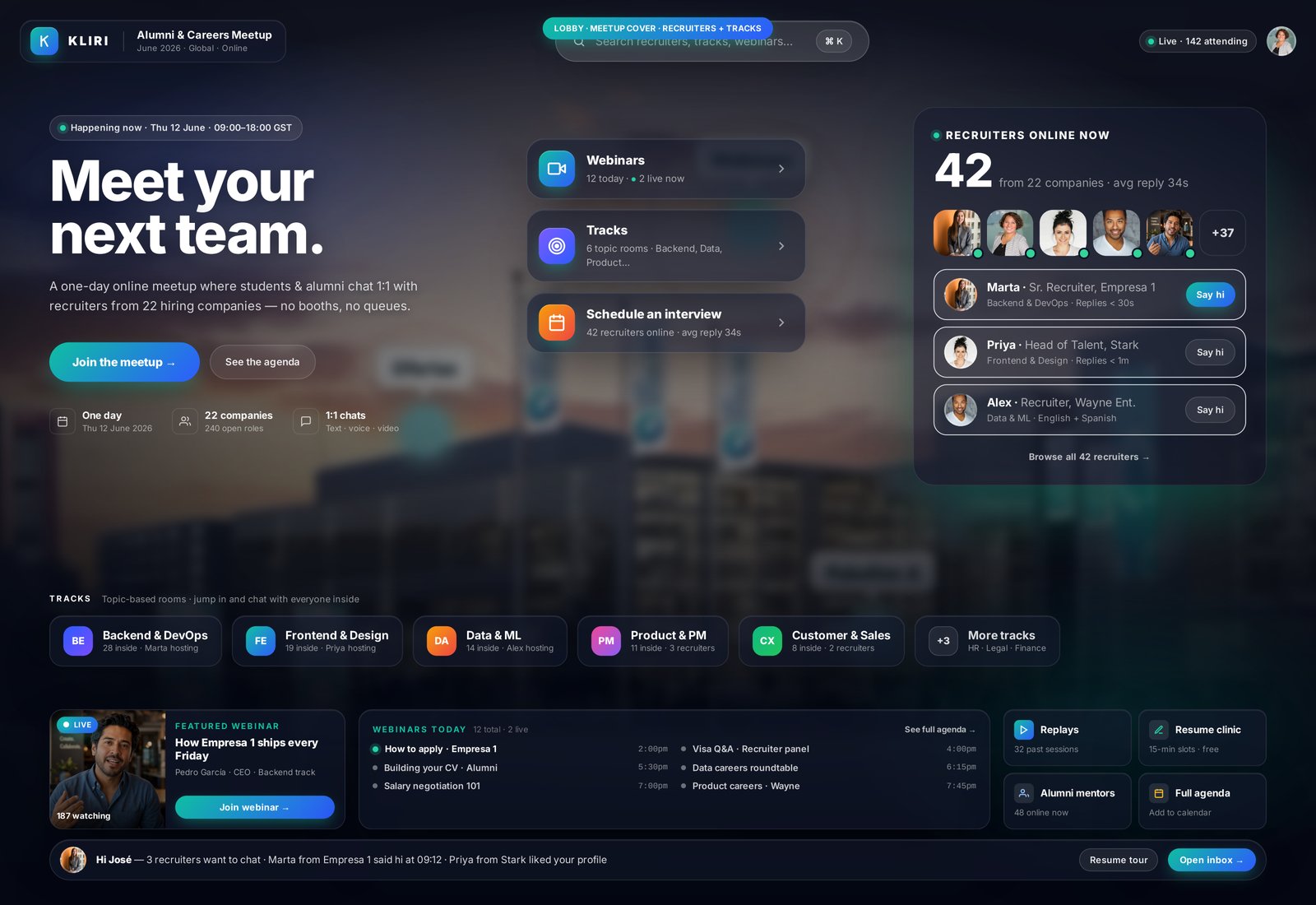 Kliri Hiring Meetup — lobby with recruiters, tracks and 1:1 chats